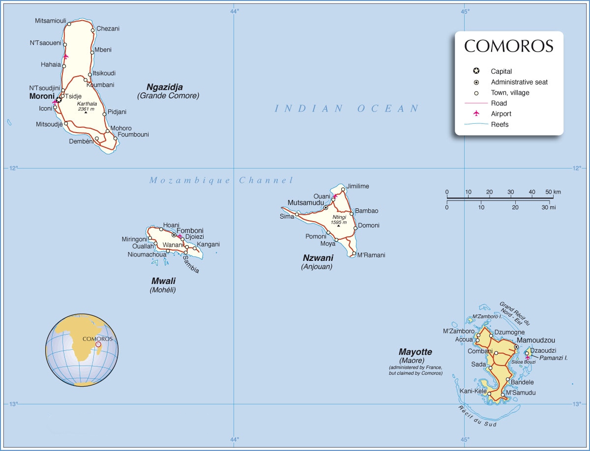 Bản đồ hành chính nước Comoros (Comoros Map) khổ lớn năm 2022