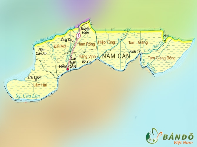 Bản đồ hành chính huyện Năm Căn, tỉnh Cà Mau khổ lớn phóng to 2023