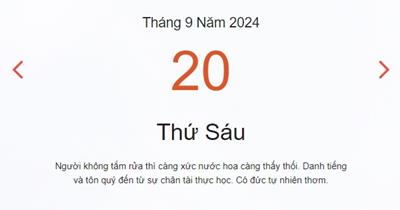 Lịch âm 20/9 - Âm lịch hôm nay 20/9 chính xác - lịch vạn niên 20/9/2024