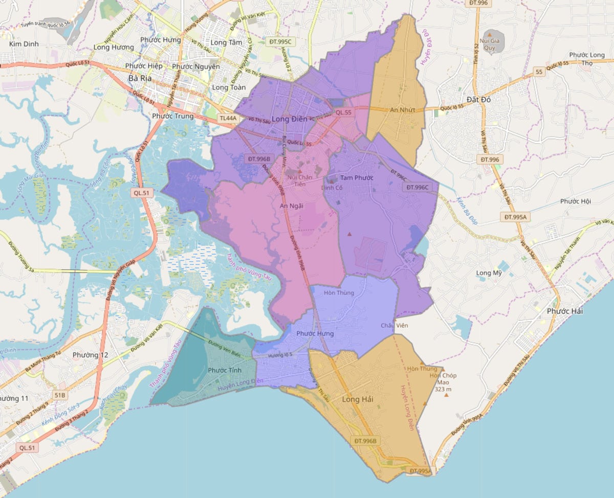 Bản đồ hành chính huyện Long Điền Bà Rịa - Vũng Tàu khổ lớn phóng to 2022