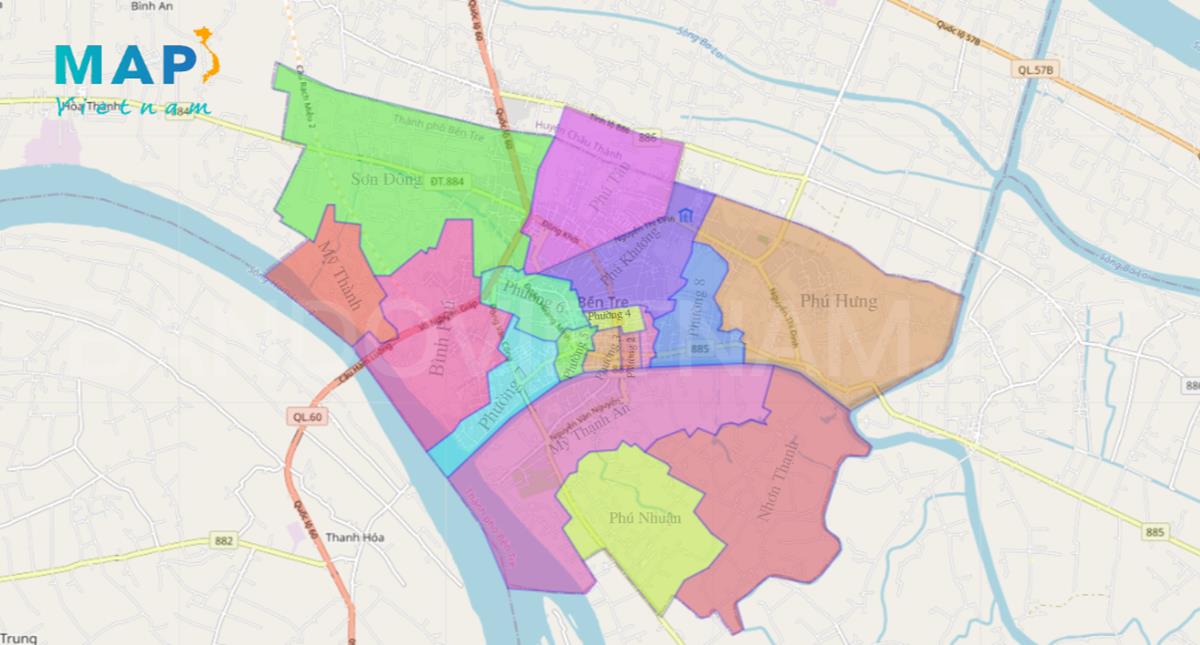 Bản đồ hành chính Thành Phố Bến Tre khổ lớn phóng to 2023