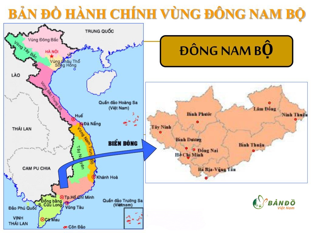 Bản đồ hành chính các tỉnh miền Đông Nam Bộ Việt Nam khổ lớn 2023