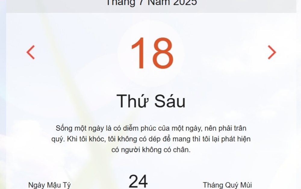 Lịch âm hôm nay 18/7/2025: Xem lịch âm, ngày tốt xấu và giờ hoàng đạo