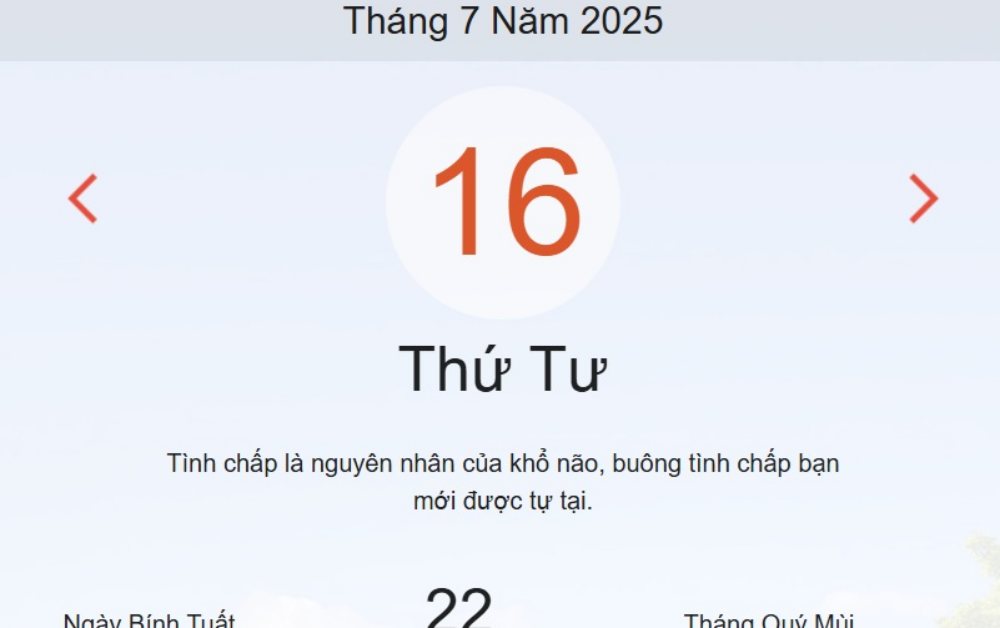 Lịch âm hôm nay 16/7/2025: Xem lịch âm, ngày tốt xấu và giờ hoàng đạo