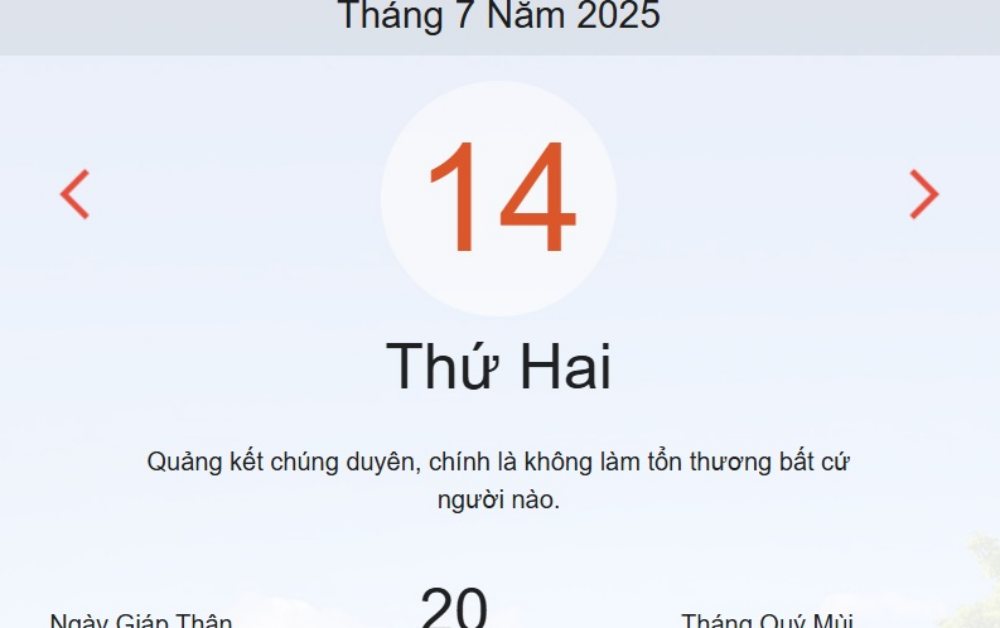 Lịch âm hôm nay 14/7/2025: Xem lịch âm, ngày tốt xấu và giờ hoàng đạo