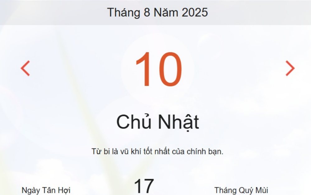 Lịch âm 10/8 – Xem Âm lịch hôm nay 10/8 chính xác nhất - Lịch vạn niên ngày 10/8/2025