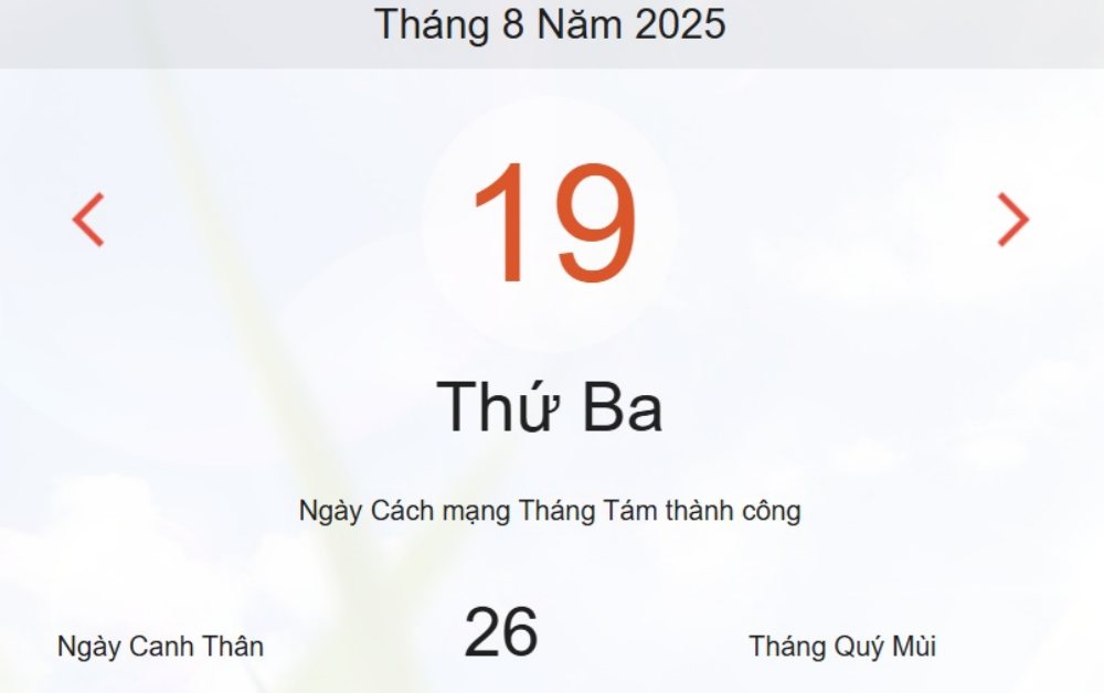 Lịch âm 19/8 – Xem Âm lịch hôm nay 19/8 chính xác nhất - Lịch vạn niên ngày 19/8/2025