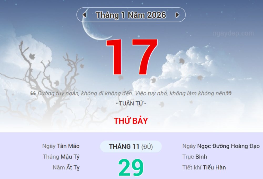 Lịch âm 17/1 - Xem lịch âm ngày 17/1/2026