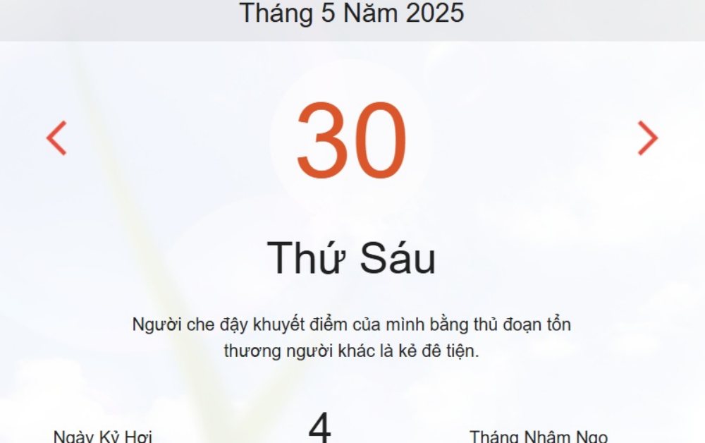 Âm lịch hôm nay 30/5 chính xác nhất - lịch vạn niên ngày 30/5/2025