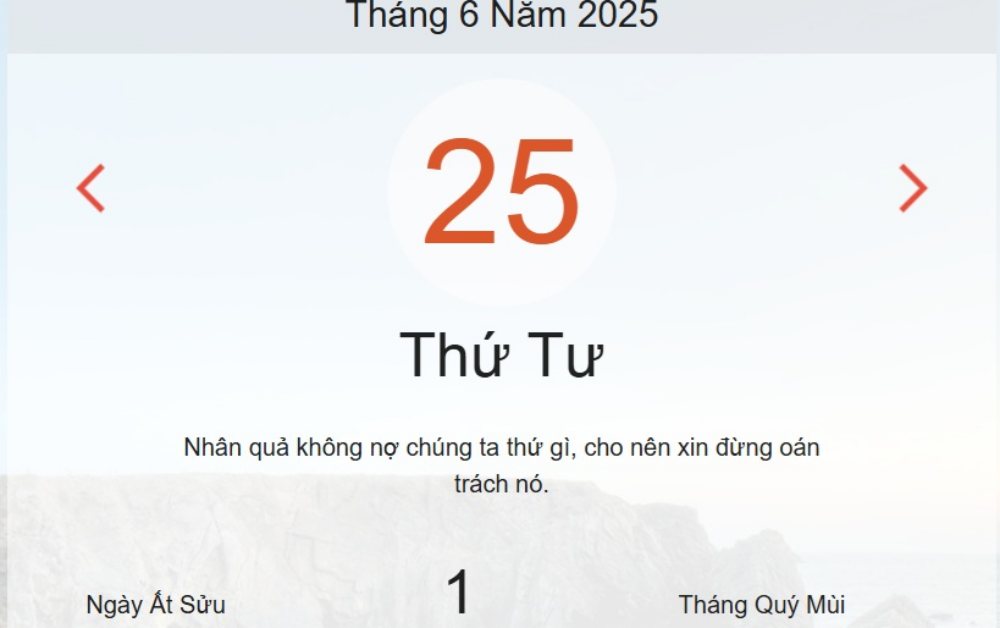 Lịch âm hôm nay - Âm lịch hôm nay 25/6 chính xác nhất - lịch vạn niên ngày 25/6/2025
