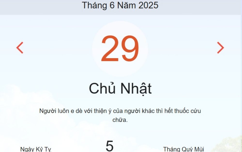 Lịch âm hôm nay - Âm lịch hôm nay 29/6 chính xác nhất - lịch vạn niên ngày 29/6/2025
