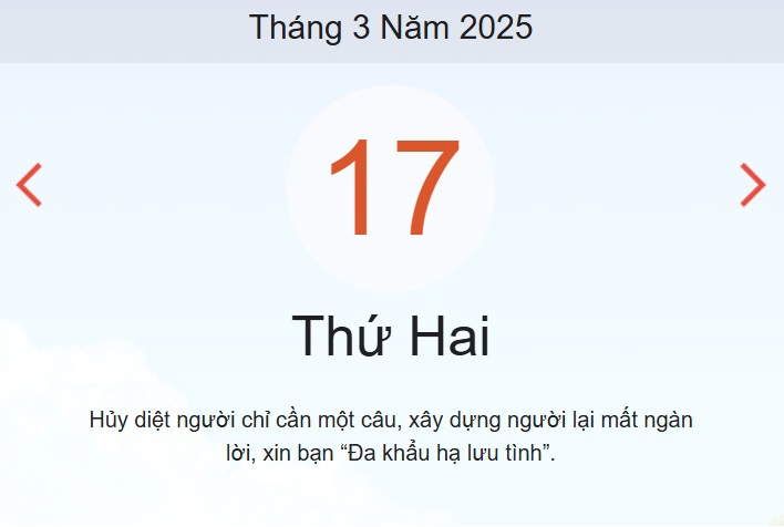 Âm lịch hôm nay 17/3 chính xác nhất, lịch vạn niên ngày 17/3/2025