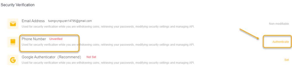 Nhấp vào Authenticate ở mục Phone Number.
