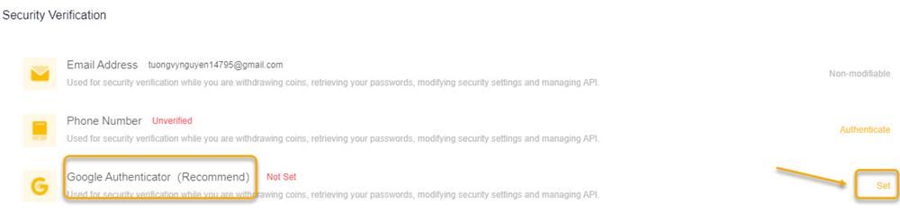 Nhấp vào Set ở mục Google Authenticator.