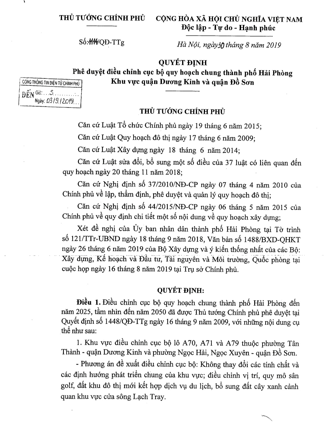 Điều chỉnh cục bộ gồm các lô: A70, A71 và A79 thuộc phường Tân Thành, quận Dương Kinh và phường Ngọc Hải, Ngọc Xuyên, quận Đồ Sơn