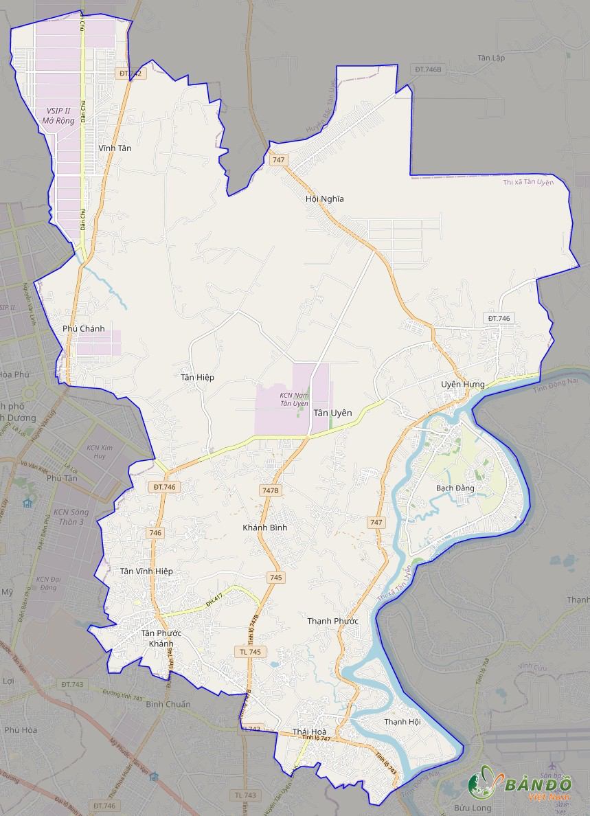 Bản đồ thị xã Tân Uyên ở nền tảng Open Street Map